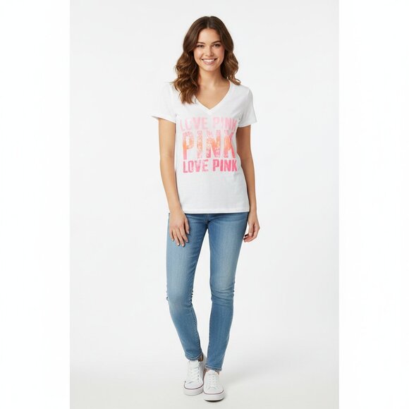 Pink Victoria’s Secret Sequin Letter T-shirt Short sleeve Y2K 2000s White XS - Picture 3 of 12